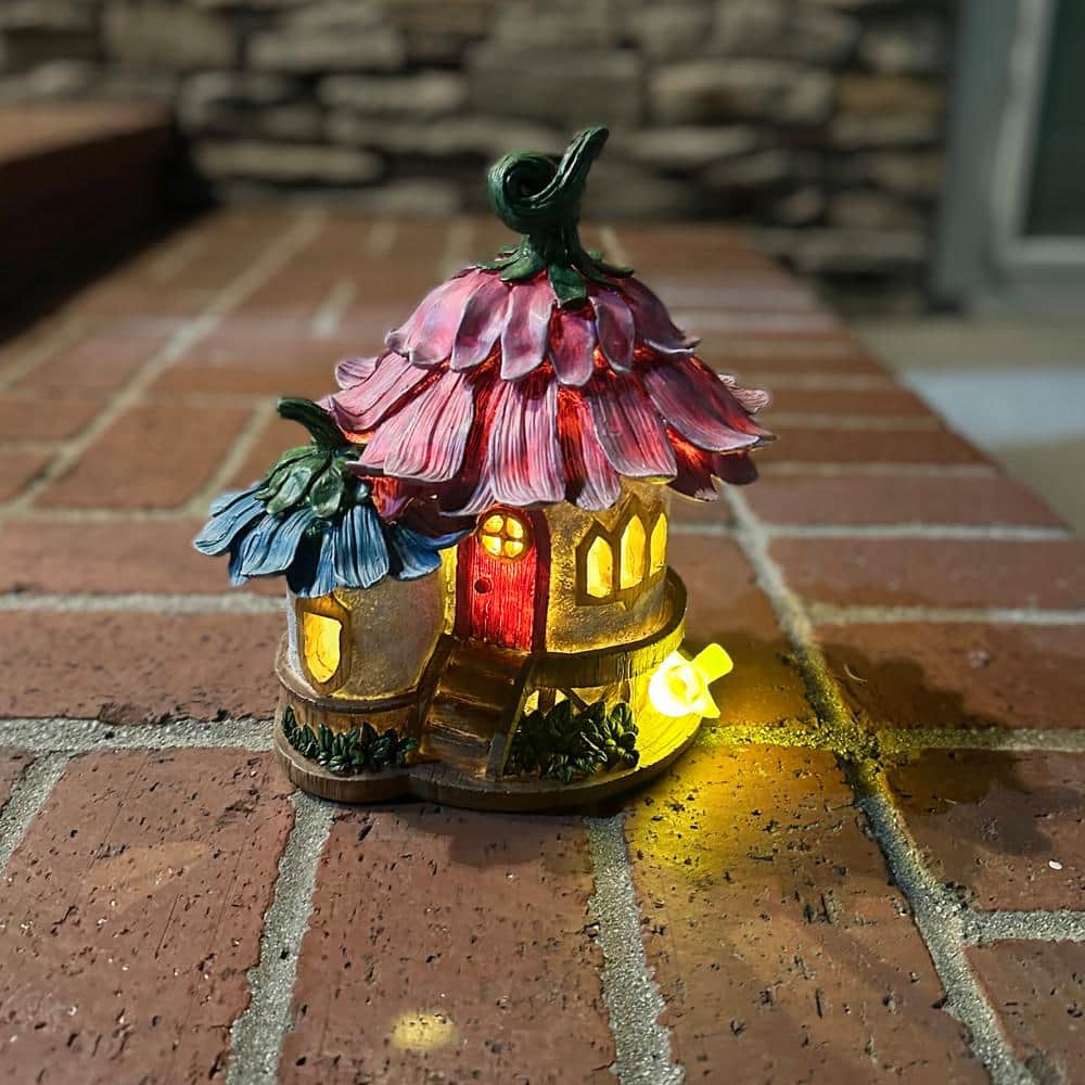 Solar Pink and Blue Daisy Petal Roof Fairy House Garden Statue