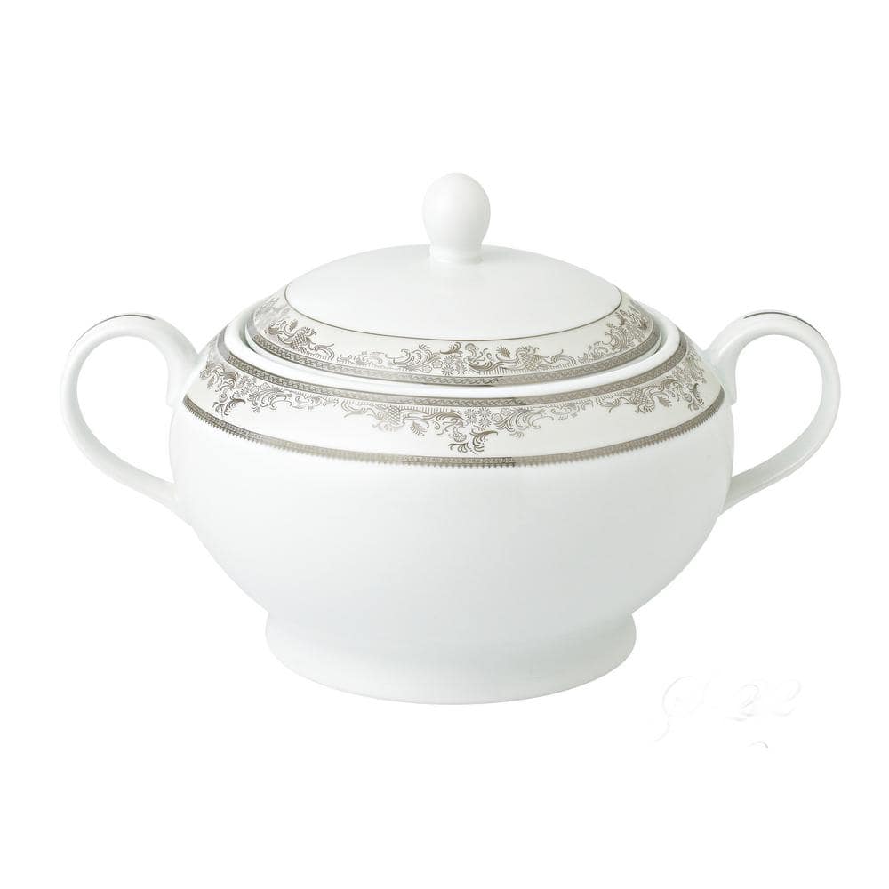 Lorren Home Trends Juliette 12 in. x 8.5 in. x 7 in. 4 Qt. 128 fl. oz. Silver Bone China Soup Tureen Serving Bowl with Lid (Set of 2) -  S-22