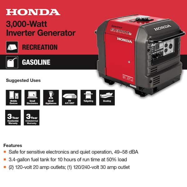 Honda 3000 Watt Super Quiet Electric And Recoil Start Gasoline Powered Inverter Generator With 30 Amp Outlet Eu3000is1an