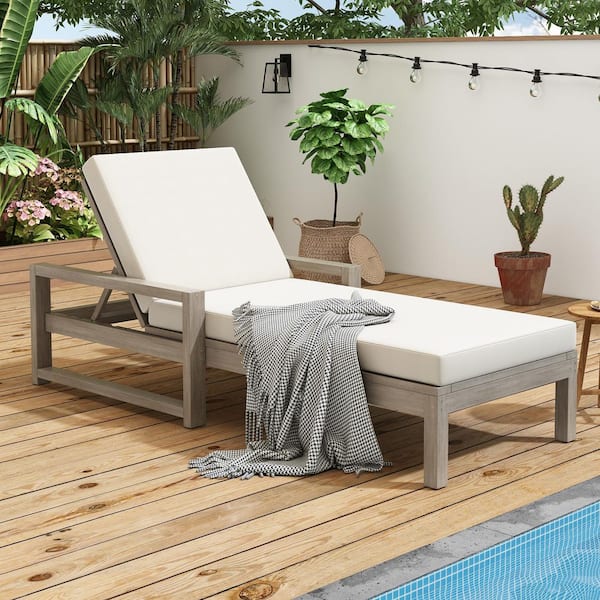 Unbranded Acacia Wood Outdoor Lounge Chairs, 6-Position Chaise Lounge, with Beige Cushion & Adjustable Backrest