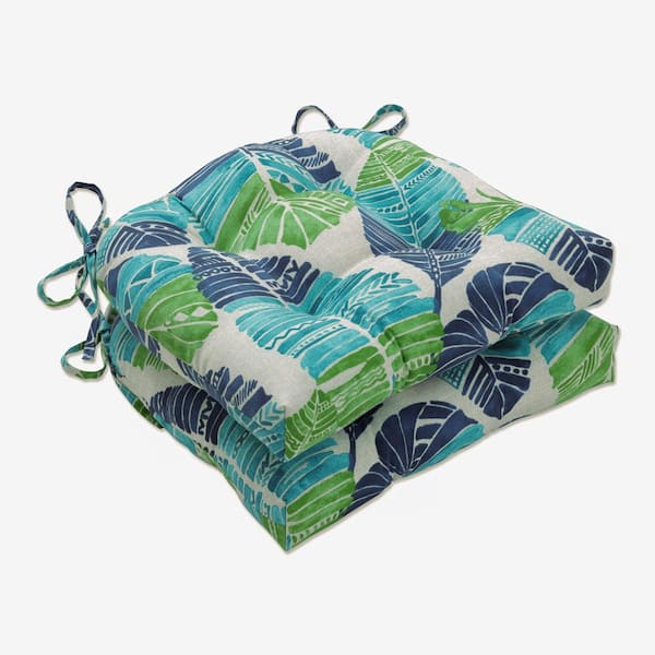 Pillow Perfect Floral 16 in. x 15.5 in. Outdoor Dining Chair Cushion in Blue/Green Hixon (Set of 2)
