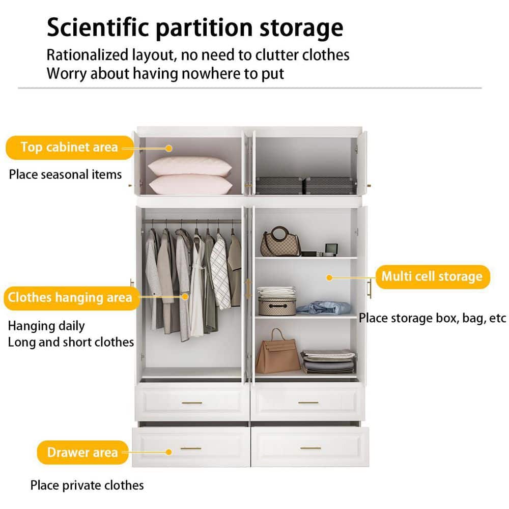 White 8-Door Big Wardrobe Armoires with Hanging Rod, 4-Drawers, Storage Shelves 93.9 in. H x 63 in. W x 20.6 in. D - thumbnail 6
