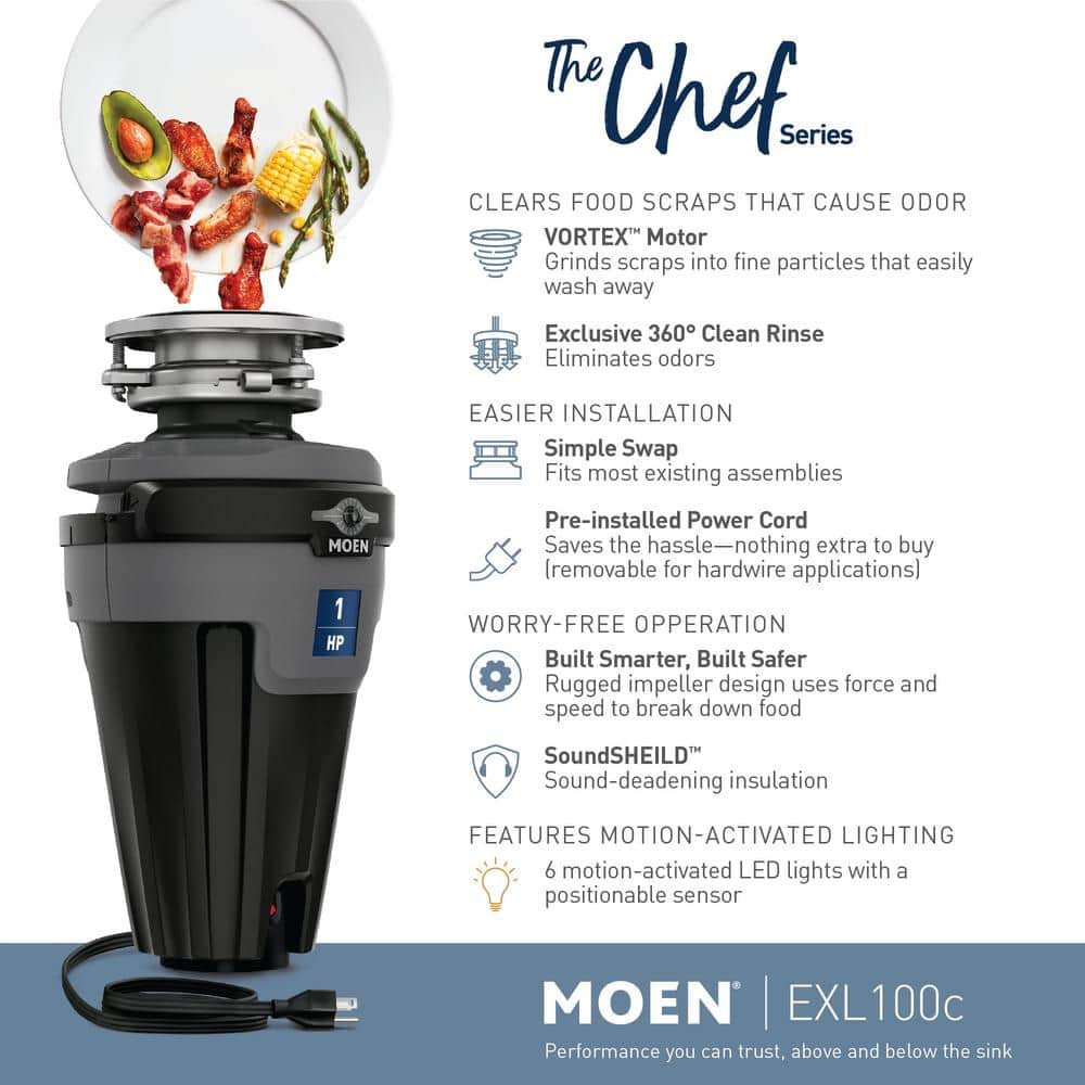 Moen Chef Series 1 HP Continuous Feed Garbage Disposal with LED Lighting