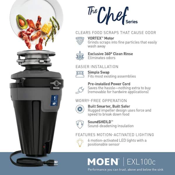 MOEN Chef Series 1-HP Continuous Feed Garbage Disposal with Integrated Lighting and Sound Reduction MOEN Chef Series 1-HP Continuous Feed Garbage Disposal with Integrated Lighting and Sound Reduction