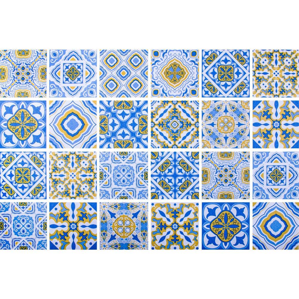 Falkirk Bhoid Aegean Blue Gold White Shapes in Squares Vinyl Peel and Stick