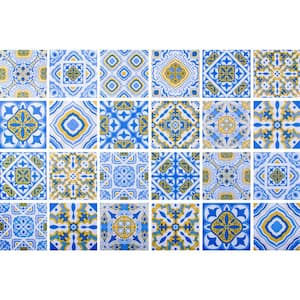Falkirk Bhoid Aegean Blue Gold White Shapes in Squares Vinyl Peel and Stick Self Adhesive Wallpaper (Covers 36 sq. ft.)