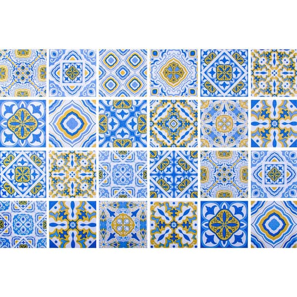 Dundee Deco Falkirk Bhoid Aegean Blue Gold White Shapes in Squares Vinyl Peel and Stick Self Adhesive Wallpaper (Covers 36 sq. ft.)