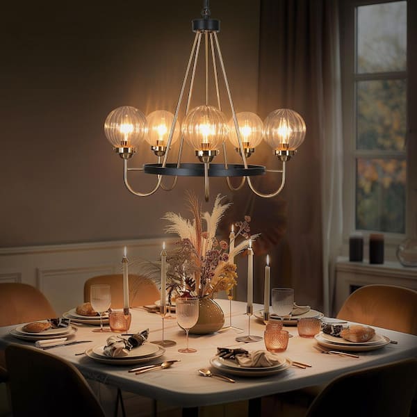 5-Light Brass Chandelier Lighting, Sputnik Pendant Lights for Kitchen Island, Modern Black Chandelier with Round Glasses