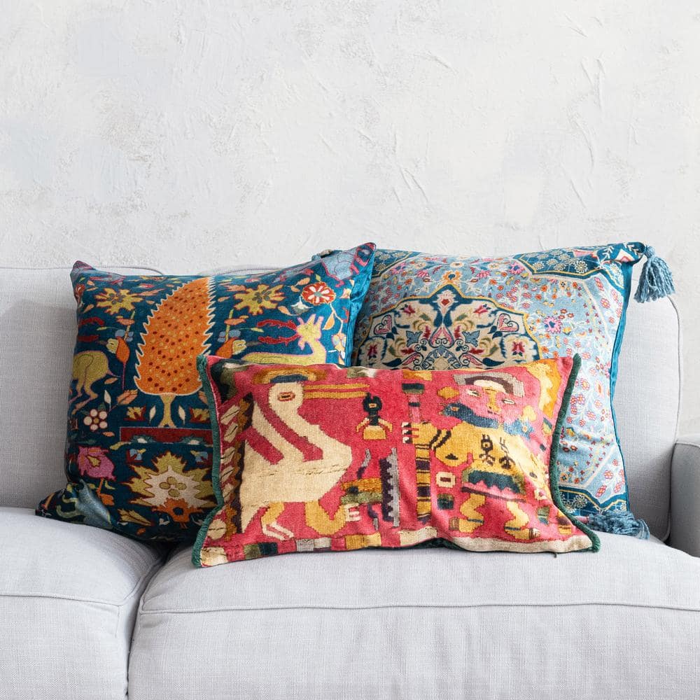 Multicolor Bohemian Rayon Square Throw Pillow with Tassels