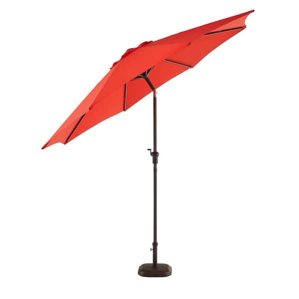 Hampton Bay 9 ft. Riverbrook Steel Espresso Brown Market Crank and Tilt Outdoor Patio Umbrella in Ruby Red