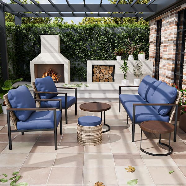 EAGLE PEAK 6-Piece Brown Rattan Wicker Outdoor Patio Conversation Set with Blue Cushions, Nesting Coffee Tabels and Ottoman