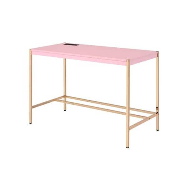 20 in. Rectangular Pink and Gold Wood Top 0-Drawer Writing Desk with USB Dock and Metal Legs