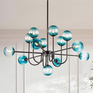 Isaiah 13-Light Matte Black Mid-Century Modern Linear Sputnik Gradient Blue Glass Globe Bubble Chandelier