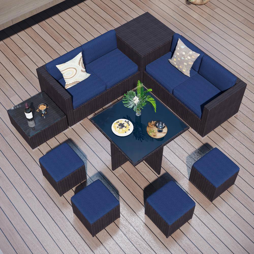 PHI VILLA Black Rattan Wicker 8 Seat 9Piece Steel Outdoor Patio