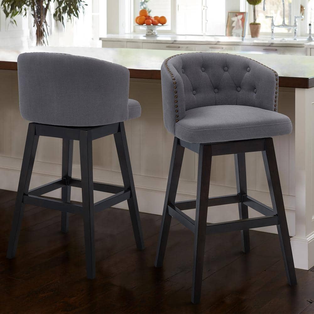 Contemporary 26" Gray Fabric Swivel Barstool with Espresso Wood Base