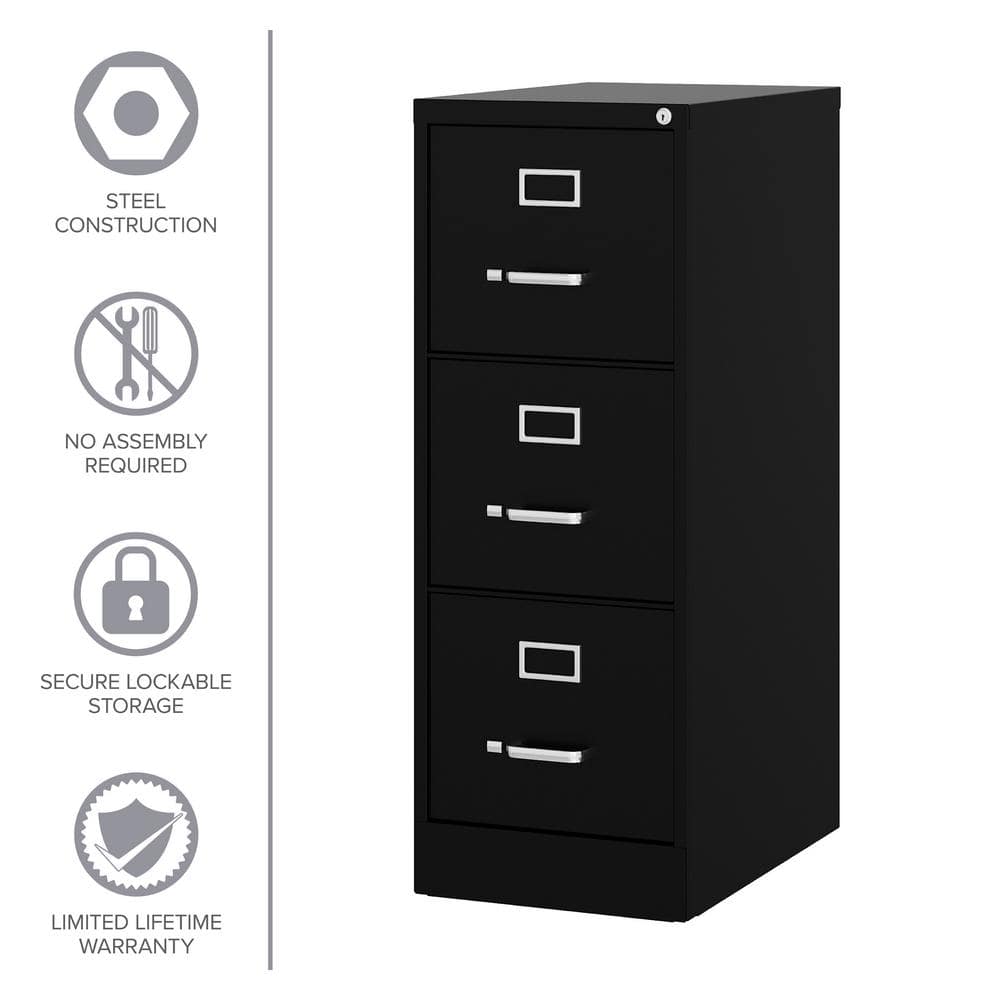 Black Steel 3-Drawer Lockable Vertical File Cabinet