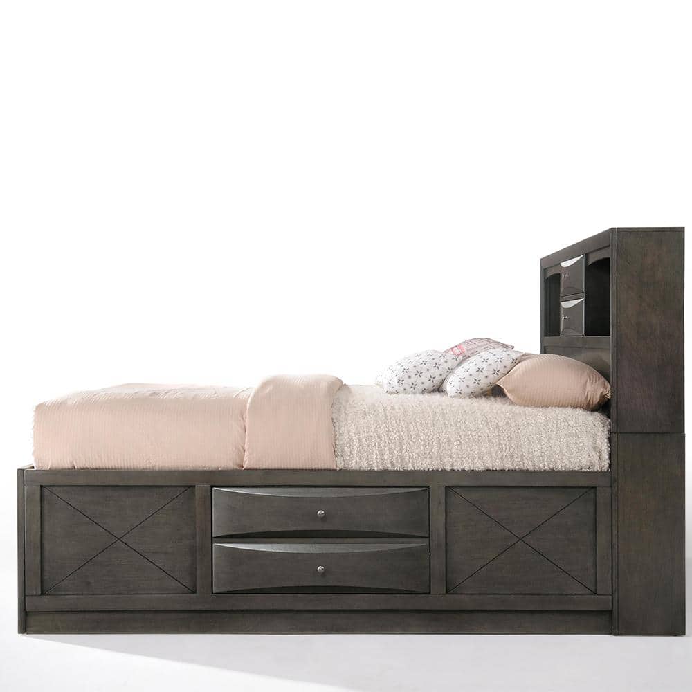 Gray Oak Upholstered King Captain's Bed with Bookcase Storage