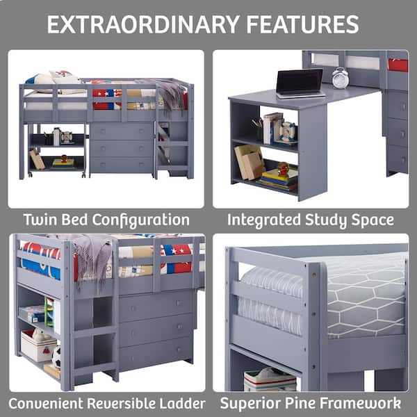 MAYKOOSH Twin Loft Bed with Desk, Low Study Loft Bed for