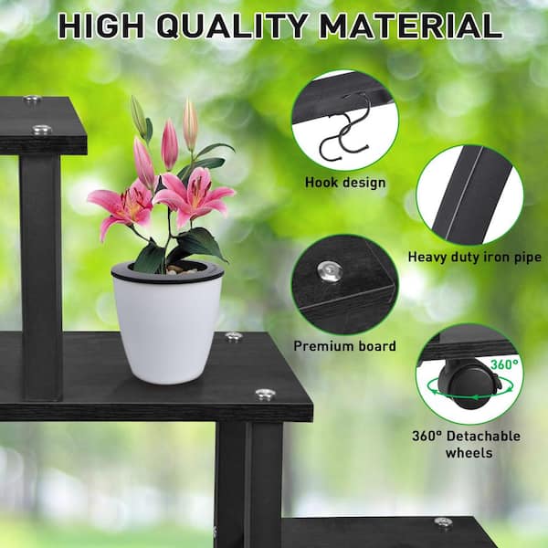 HOPERAN Metal Plant Stand Indoor, 7 Tier Tall Plant Stands for Indoor Plants Multiple with Wheels, Large Ladder Plant Shelf Indoor with 2 Hanging