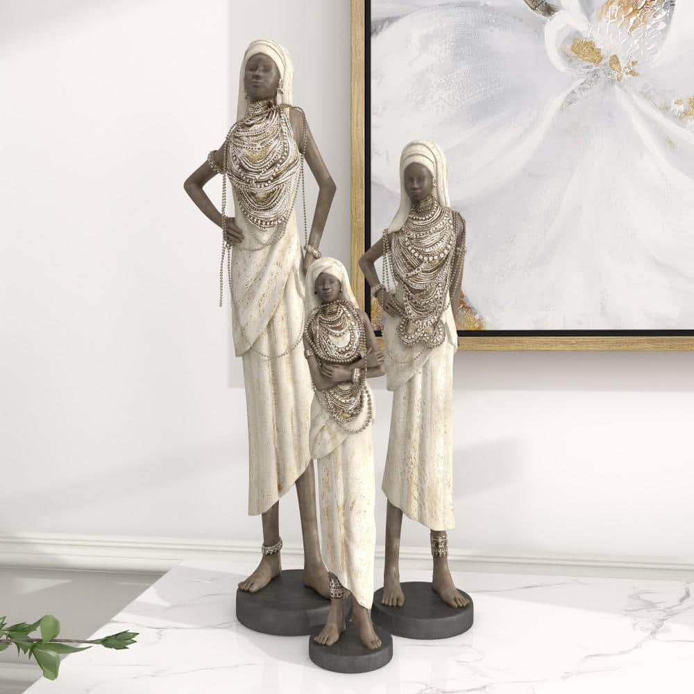 Elegant Trio of Polystone African Woman Sculptures in White