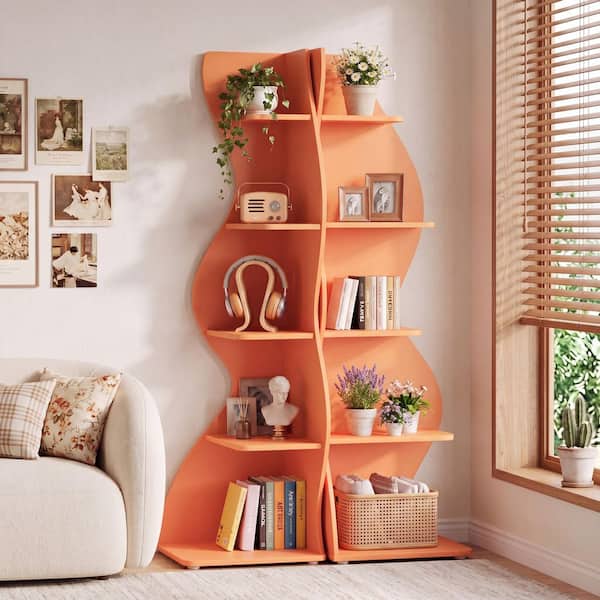 BYBLIGHT Eulas 69.8 in. Tall Orange Wood 5-Shelf Standard Bookcase