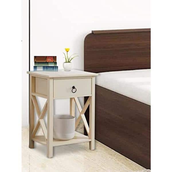 HOMESTOCK 21.6 in. H x 12 in. W x 16 in. D Cream Night Stand Bedside Table  with Drawer Wooden Side Tables Bedroom Night Stand 99723-W - The Home Depot