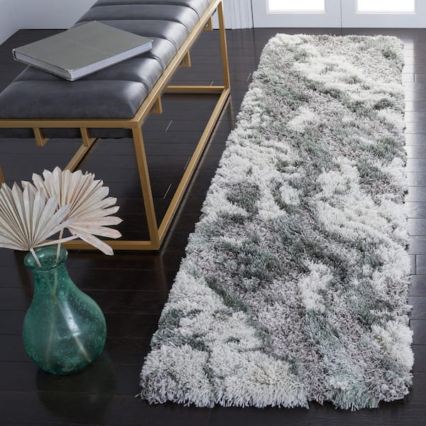 Horizon Shag 2 ft. x 21 ft. Gray/Green Abstract Marble Runner Rug