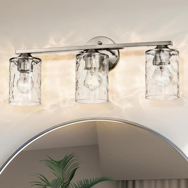 21 in. 3-Light Brushed Nickel Modern Vanity Light with Hammered Clear Glass Shades
