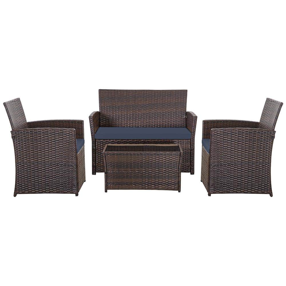 4-Piece Brown PE Rattan Wicker Patio Conversation Set with Blue Cushions, L