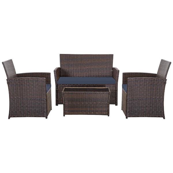 Unbranded 4-Piece Brown PE Rattan Wicker Patio Conversation Set with Blue Cushions, Loveseats, Coffee Table for Porch, Yard