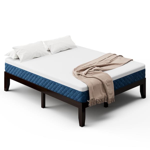 Costway Brown Wood Bed Frame Queen Platform Bed with 10 in. Foam Mattress Set CertiPUR-US Certified