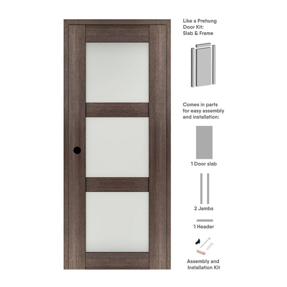 "Vona 3 Lite 18"" x 79.375"" Right-hand Frosted Glass Veralinga Oak Composite Solid Core Wood Single Prehung Interior Door" price history on PriceWatchPro