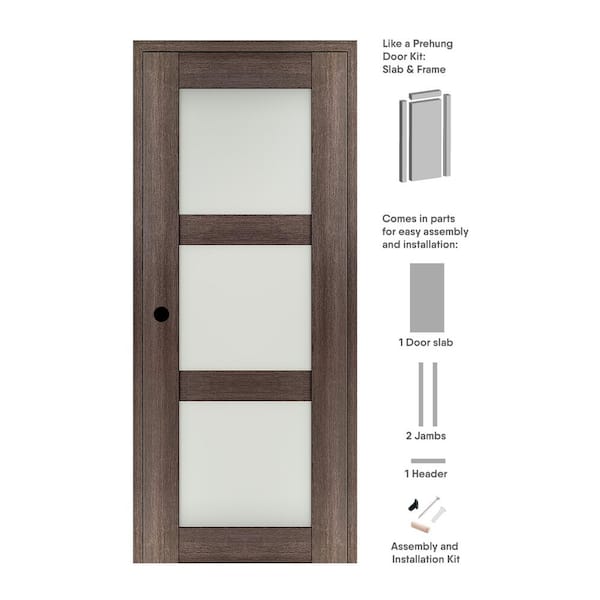 Vona 3-Lite 28 in. x 84 in. Right-hand Frosted Glass Vera Linga Oak Composite Solid Wood Single Prehung Interior Door
