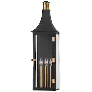Wes 8.75 in. 3-Light Patina Brass Outdoor Lantern Wall Sconce with Clear Glass Shade