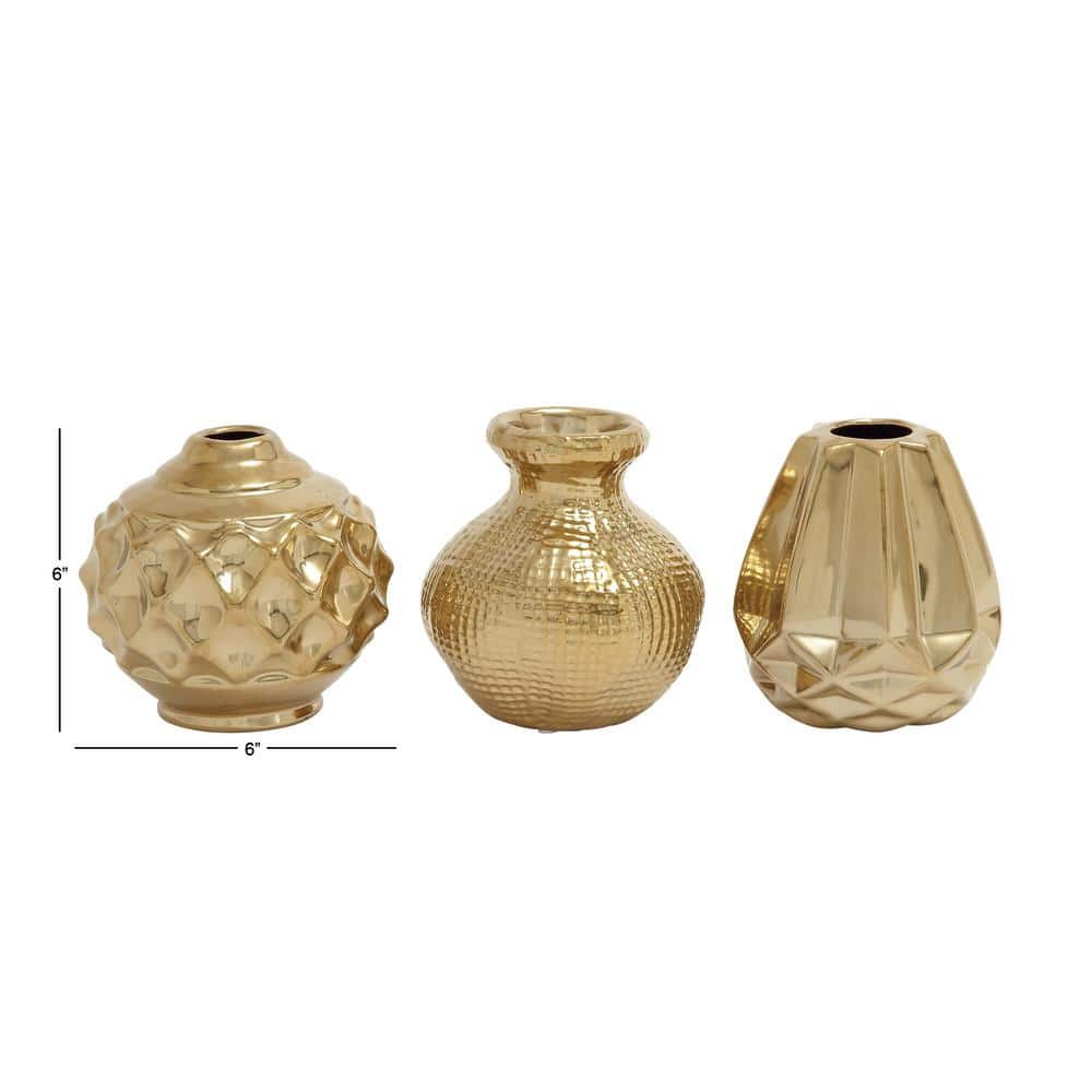 Gold Ceramic Decorative Vases with Varying Patterns, Set of 3