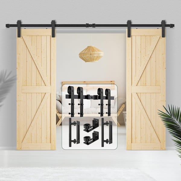 9 ft./108 in. Matte Black J-shaped Double Barn Door Hardware Kit with Two Handles