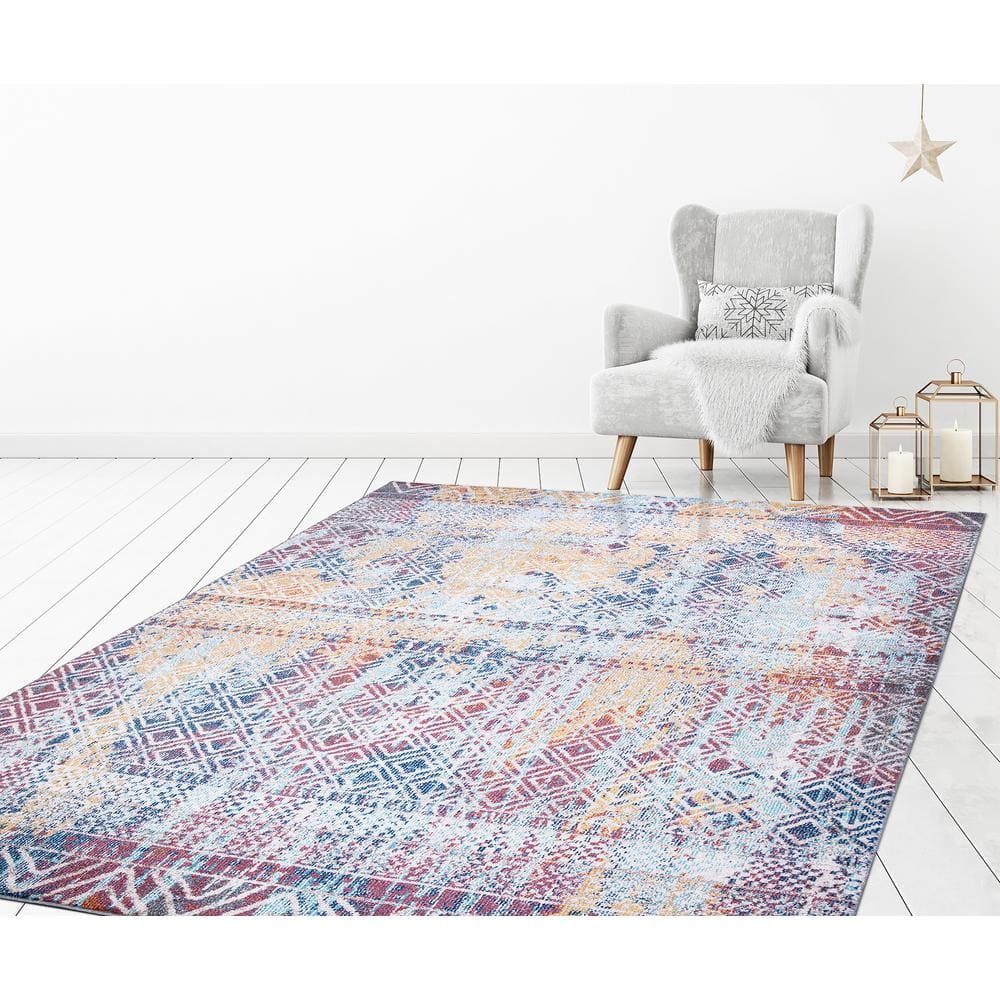 Vintage Blue and Multicolor Geometric Synthetic Area Rug 5' x 7'