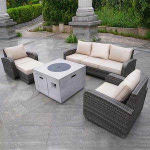 Bella Gray 5-Piece Wicker Patio Fire Pit Conversation Sofa Set with Beige Cushions