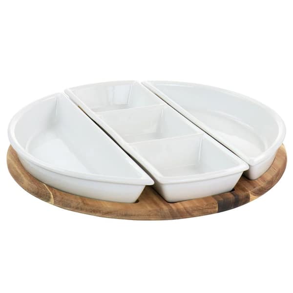 GIBSON elite 14.4 in. L x 14.4 in. W x 2 in. H 3-Compartment White Gracious Dining Sectional Tray with Wood Base (Set of 4)