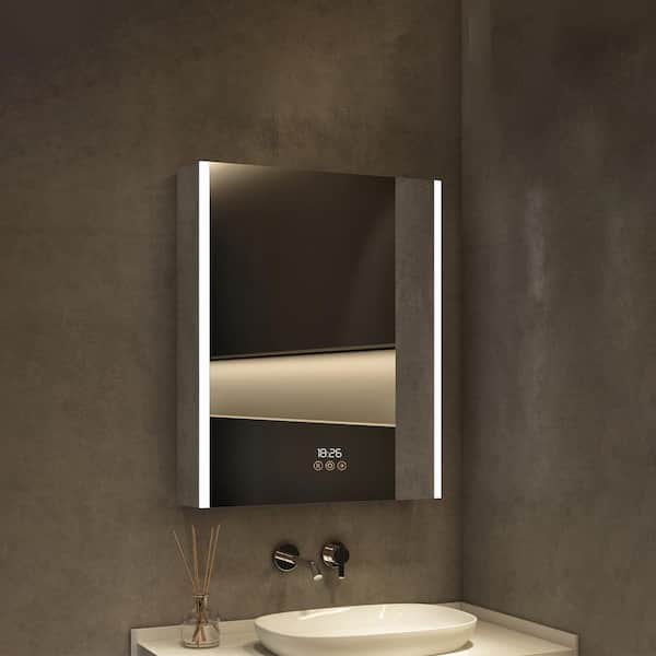 HBEZON Eos 20 in. W x 28 in. H Rectangular Aluminum Recessed or Surface-Mounted LED Medicine Cabinet with Mirror, Right Hinge
