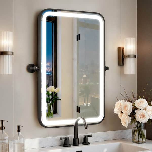 20 in. W x 30 in. H Rounded Rectangular Black Framed LED Lighted Antifog Tilt Pivot Wall Mount Bathroom Vanity Mirror