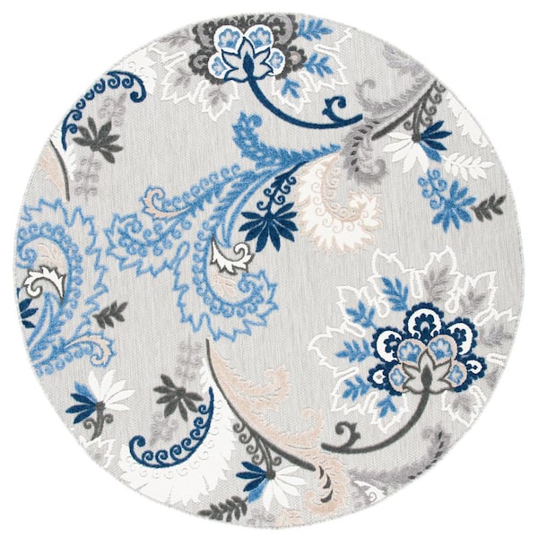 Cabana Gray/Blue 3 ft. x 3 ft. Floral Scroll Round Indoor/Outdoor Area Rug