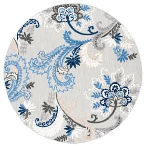 Cabana Gray/Blue 7 ft. x 7 ft. Floral Scroll Indoor/Outdoor Patio  Round Area Rug