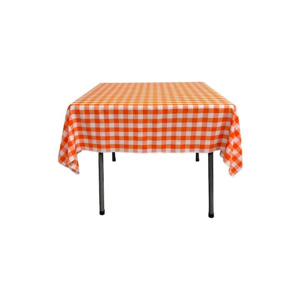 52 in. x 52 in. White and Orange Polyester Gingham Checkered Square Tablecloth