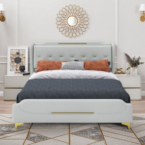 Grey PU Frame Queen Platform Bed with Wingback Headboard, Footboard and Solid Wooden Slats Support