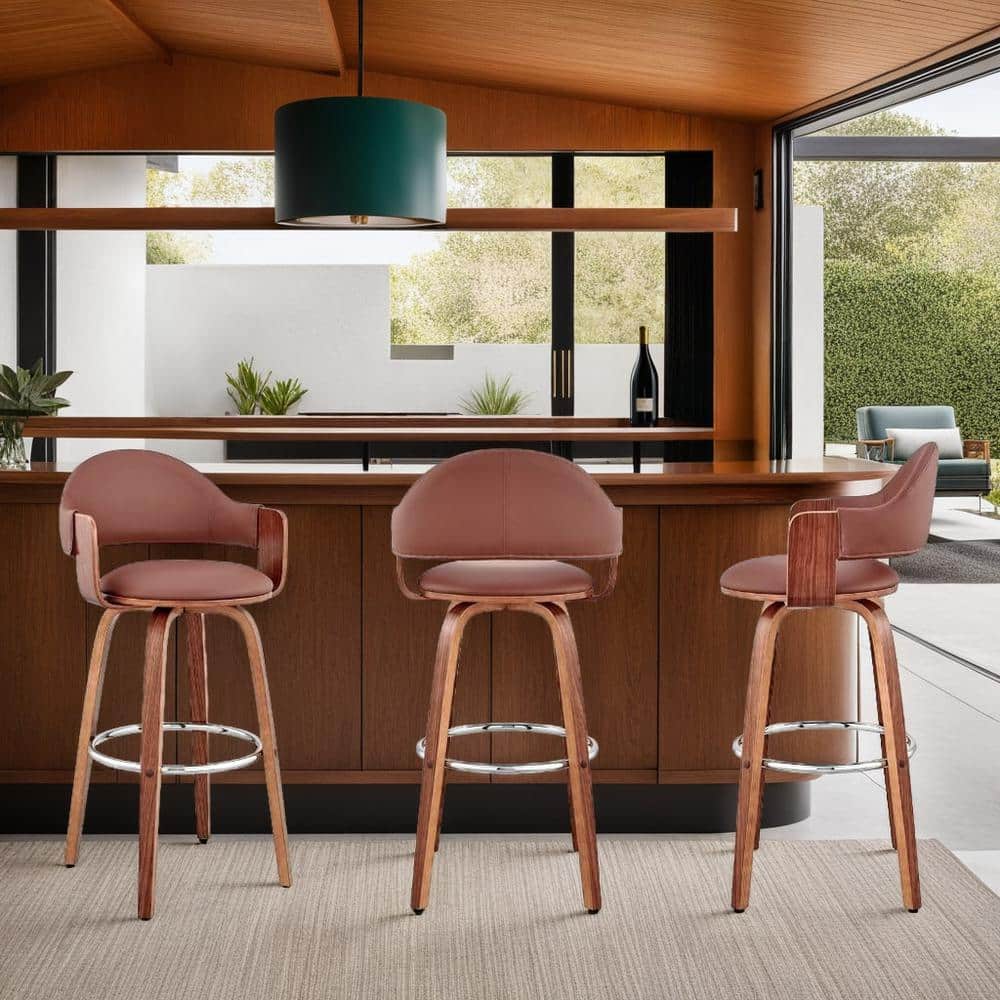 Daxton 30" Contemporary Brown Faux Leather & Walnut Swivel Bar Stool