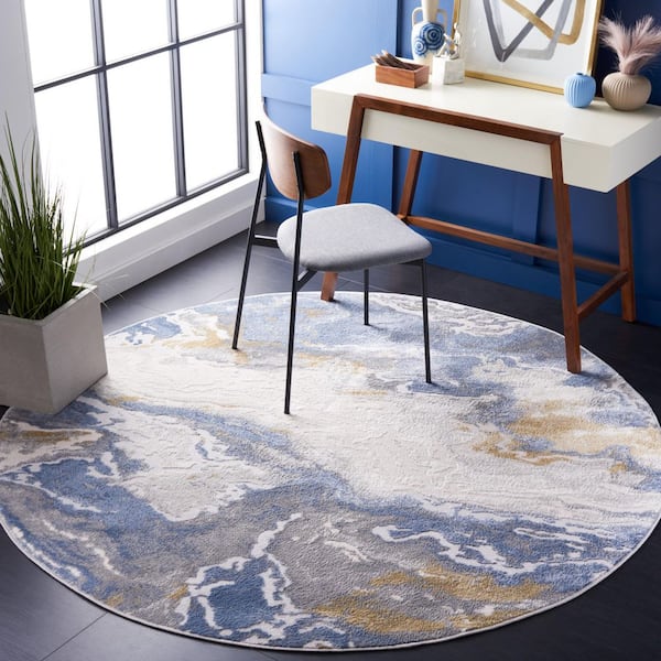 Palma 7 ft. x 7 ft. Beige/Light Blue Distressed Marble Round Area Rug