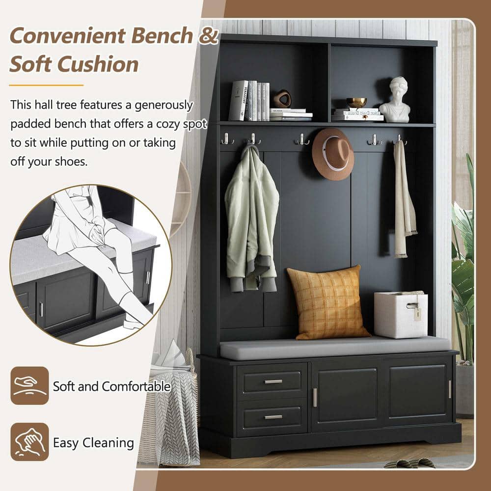 Black MDF Hall Tree with Storage and Hooks