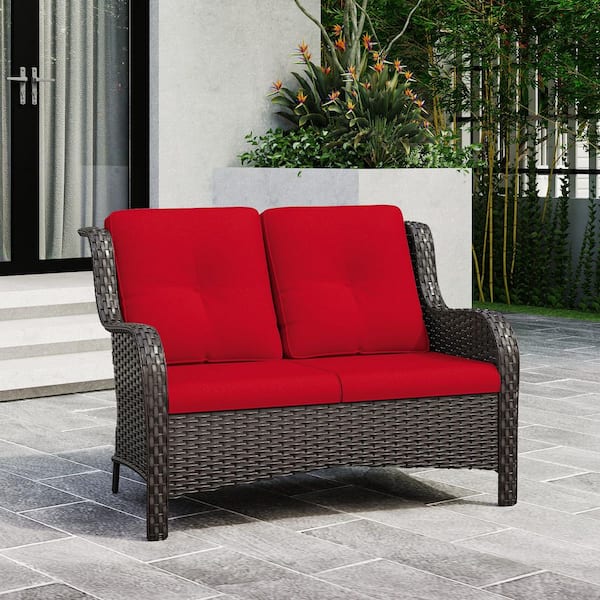 2-Seat Wicker Outdoor Patio Loveseat Sofa Couch with Soft Red Cushions