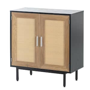 31.5 in. W x 13.38 in. D x 31.1 in. H Black Linen Cabinet with 2 Rattan Decorated Doors